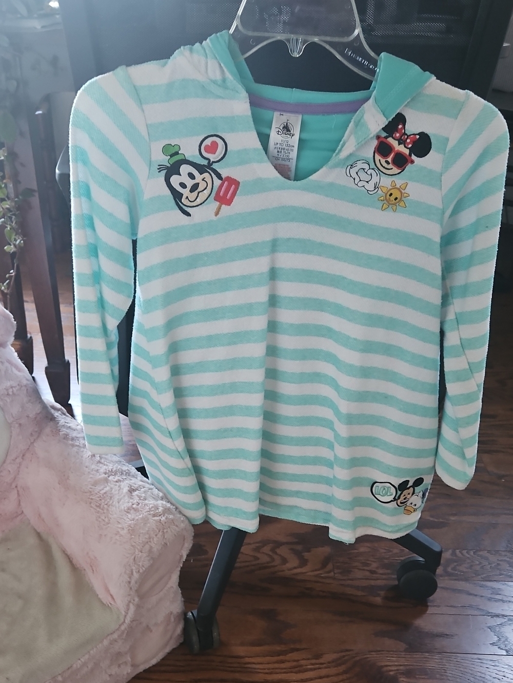 Disney Mint & White Striped Hooded Terry Cover Up with Minnie, Goofy & Mickey